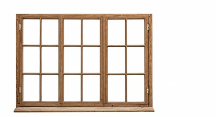 Rustic wooden window frame with multiple panes and sill, isolated on a pure white background.