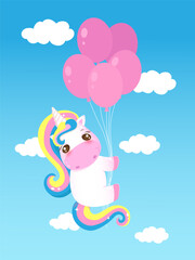 Cartoon unicorn with balloons in the sky. Cute kids illustration