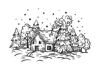 Winter landscape with house line art illustration. Contour drawing. Christmas invitation, poster or card design