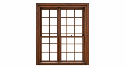 Classic Wooden Double-Hung Window with Detailed Grids, Isolated on a Pure White Background for Architectural Design