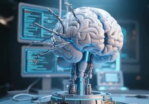  A detailed image of a human brain with several wires plugged into it, surrounded by computer monitors displaying data, suggesting a concept of artificial intelligence or a brain-computer interface.