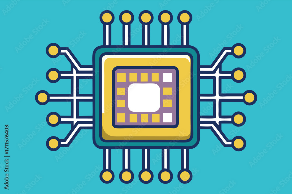Poster modern computer chip design showcasing intricate circuits and connections in a bright blue backgroun