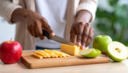 Woman slicing cheese on a wooden board
