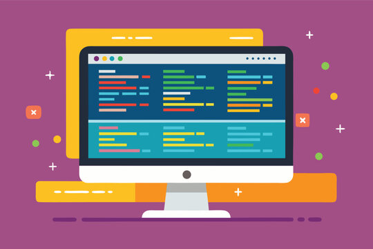 Colorful computer screen displaying coding lines and graphics in a modern workspace setting
