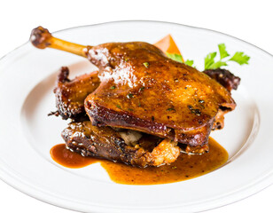 Delicious Roasted Duck on Elegant White Plate with Savory Sauce Illustration