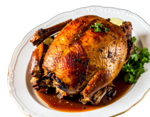 Delicious Roasted Duck on Elegant White Plate with Savory Sauce Illustration  