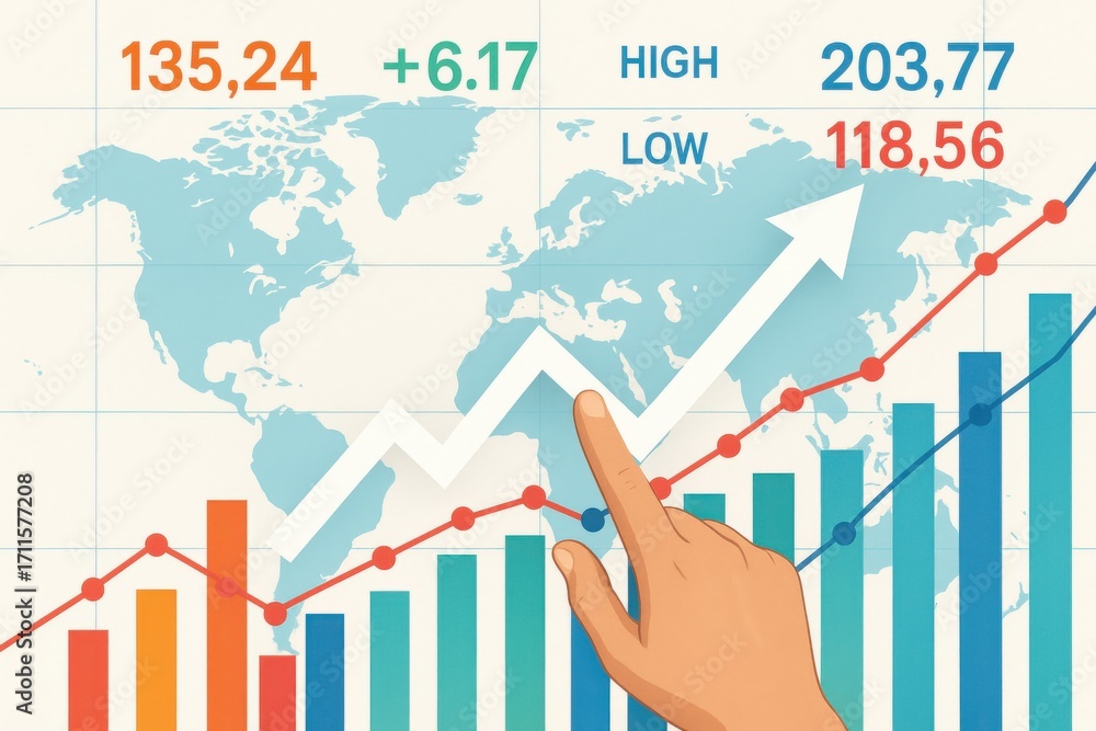 Poster financial growth chart with statistics and world map background illustrating data analysis