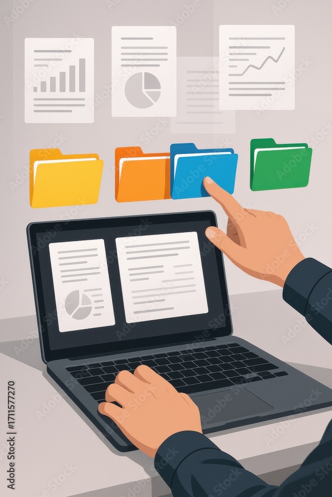 Aufkleber person using laptop with digital documents and colorful folders in modern workspace environment