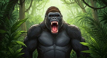 Powerful Silverback Gorilla Roaring with Open Mouth in Lush Vibrant Jungle Rainforest