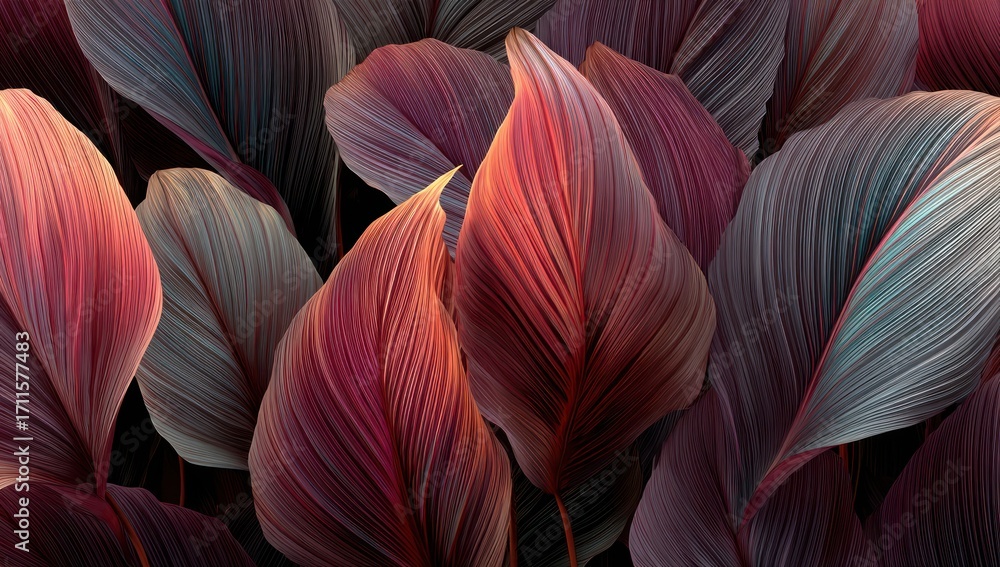 Poster a close-up view of a vibrant collection of tropical leaves, showcasing intricate patterns and a rich