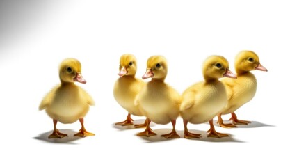Five adorable fluffy yellow ducklings, one standing apart from the group, on a clean white background. Symbolizes innocence and new life.