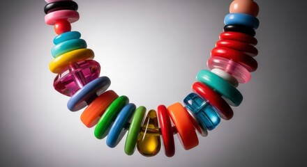 Obraz premium Vibrant, colorful plastic beads and rings form a striking necklace against a gradient background, showcasing a playful and modern accessory.