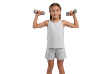 Active little girl lifting dumbbells in sports attire, looking determined and healthy, isolated on transparent background