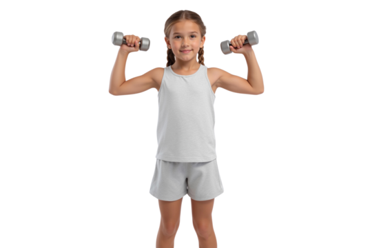 Active little girl lifting dumbbells in sports attire, looking determined and healthy, isolated on transparent background