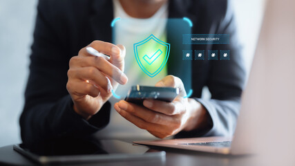 Secure mobile payment with password protection and digital shield icon on smartphone. Online banking and e-commerce safety technology .