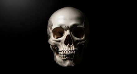 Fototapeta premium Detailed human skull with dramatic lighting against a dark background, perfect for themes of mortality, mystery, or education.