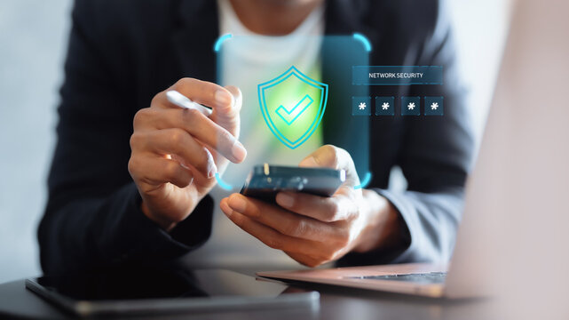 Secure mobile payment with password protection and digital shield icon on smartphone. Online banking and e-commerce safety technology .