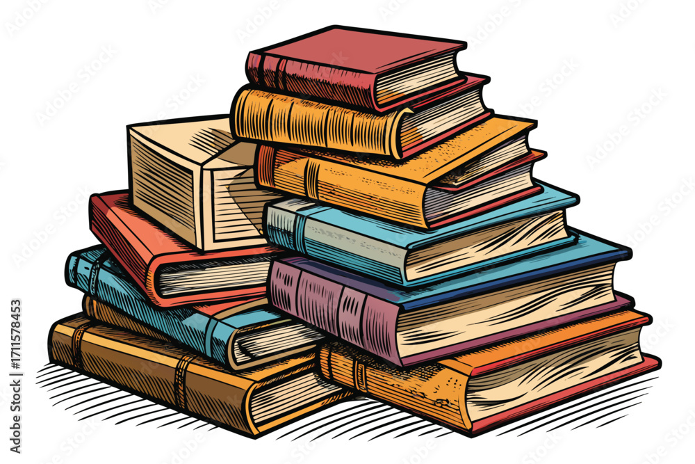 Poster pile of colorful books stacked together on a white background showing different sizes and textures