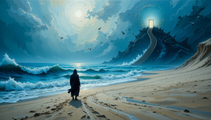 The image depicts a solitary figure on a beach, walking towards a mountain with a glowing door at the top, under a cloudy sky.