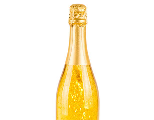 Elegant Glass Bottle of Shimmering Golden Liquid on White Background