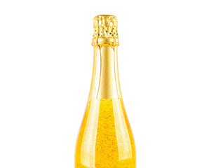 Elegant Glass Bottle of Shimmering Golden Liquid on White Background