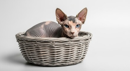 Adorable Sphynx kitten with striking blue eyes peeking from a rustic woven basket on a clean white background. Unique hairless pet.