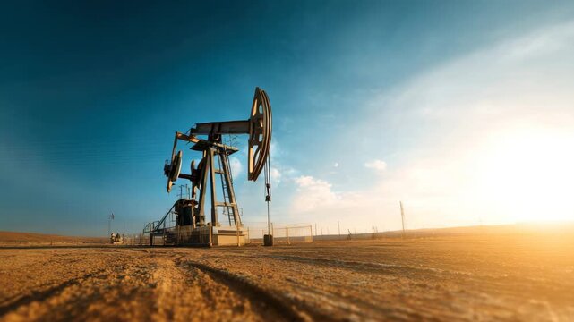 Oil pumpjack desert landscape sunset sky industrial energy production dry soil machinery fuel extraction power plant technology environment outdoors petroleum rig dirt ground horizon clear warm