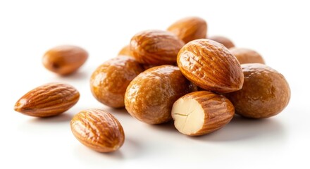 A close-up of a pile of raw almonds with one broken in half, showcasing their healthy texture and rich brown color on a crisp white background.