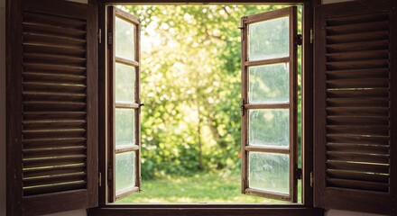 Bright Summer Day Light Streaming Through an Open Window to a Lush Green Garden