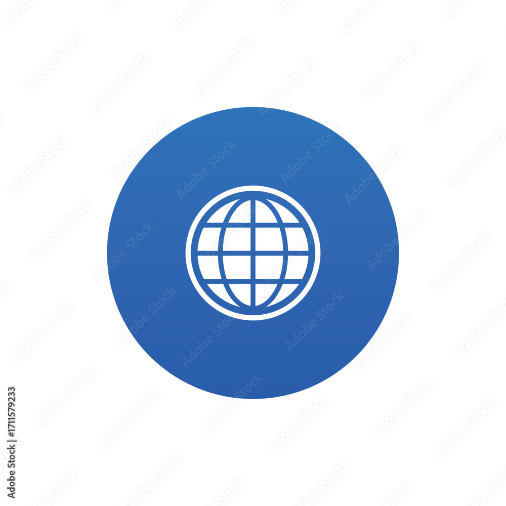 Poster globe icon inside a blue circle with white grid lines representing the world map and continents