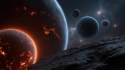 Volcanic planets with glowing lava cracks orbiting in space above rocky surface under starry sky surrounded by cosmic dust celestial bodies creating fiery cosmic scene - Powered by Adobe