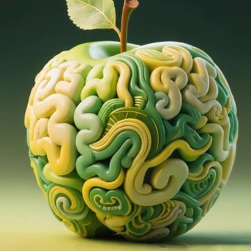 A green apple with the texture and shape of a human brain is resting on a simple background. The image creatively merges the concepts of healthy eating and brain health.