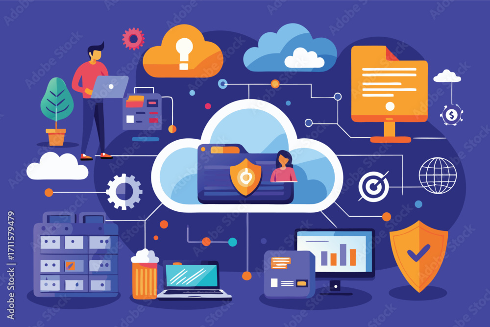 Aufkleber cloud computing concepts with people interacting in a digital workspace