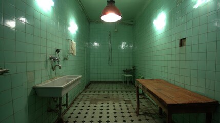 Old Industrial Shower Room with Green Tiles and Wooden Bench in Abandoned Facility