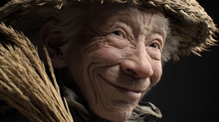Old Woman Wearing Wide Straw Hat Smiling Warmly in Dark Background