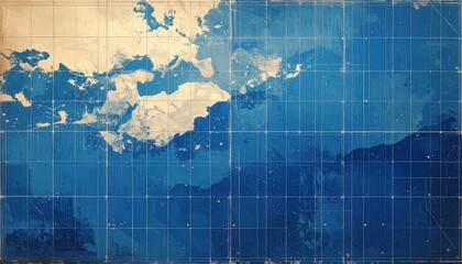 Abstract Blue Grid Overlay on Textured Landscape Background.