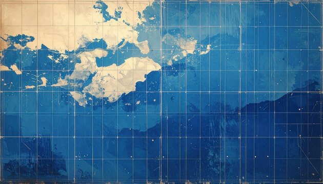 Abstract Blue Grid Overlay on Textured Landscape Background.