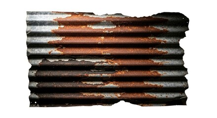 Isolated piece of old, rusty corrugated metal on a white background, highlighting its rough texture, peeling paint, and deep orange-brown corrosion.