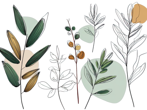 Botanical illustration of various leaves and branches - Powered by Adobe