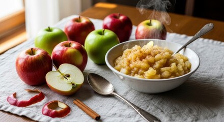 Warm, homemade applesauce topped with cinnamon, surrounded by fresh red and green apples, peels, and a cinnamon stick on a rustic tablecloth.