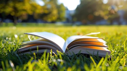 Open Book on Green Grass in Sunny Park Scene
