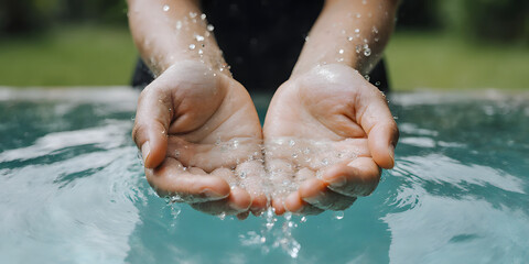 Fototapeta premium Hands holding clean water, World water day banner