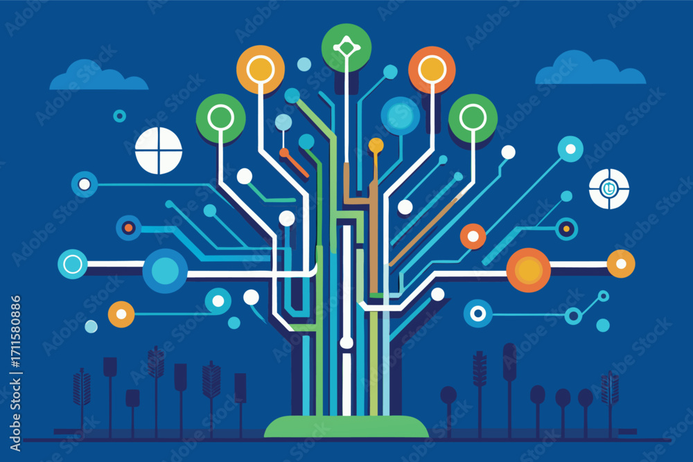 Poster digital tree design with colorful circuits representing technology and innovation in a modern landsc