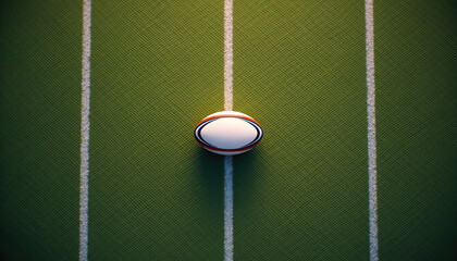 Top view of a rugby ball positioned on the green field with white lines