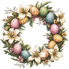 Watercolor Easter Eggs Among Cream Lilies and Lush Green Foliage Floral Wreath Illustration
