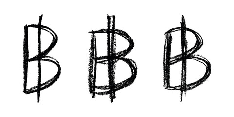 Set of hand drawn thai baht currency symbol. Brush stroke doodle. Single element for design