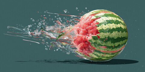 Vibrant watermelon explodes in mid air, showcasing dynamic burst of red flesh and seeds against contrasting background. image captures essence of summer with sense of motion and freshness