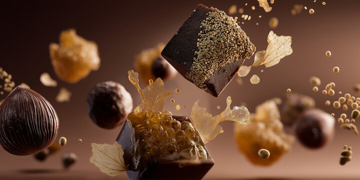 Floating chocolate pralines with textured toppings and caramel splashes create dynamic and indulgent scene. rich brown tones and intricate details evoke sense of luxury and delight