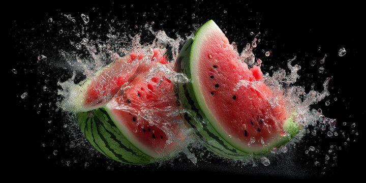 Fresh watermelon slices explode with vibrant energy, surrounded by splashes of water against dark background, capturing essence of summer refreshment