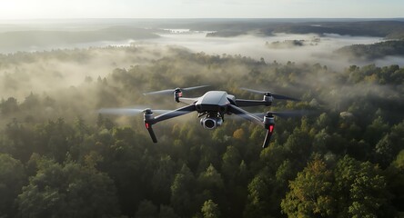 Advanced drone flying high above a serene, misty forest landscape during golden hour, capturing breathtaking aerial footage of nature.